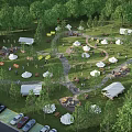 Scenic Campsite With Multiple Tents Green Lawn And Parking Lot Among Trees
