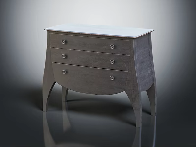 Gray Modern Bedside Table With Three Drawers Round Knobs And Curved Legs 3d model