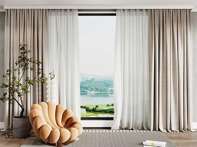 White Sheer And Beige Layered Curtains For Window With Lake Green Landscape View 3d model