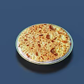 Round Golden Brown Pizza on a Plate with Small Holes and Brown Spots on Surface