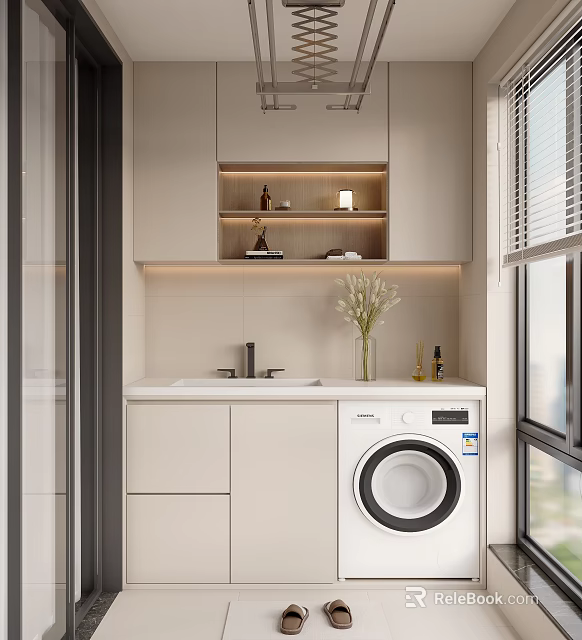 Home Balcony Interior With Washing Machine Sink Storage Cabinets Decorative Vase And Window Blinds 3d model 