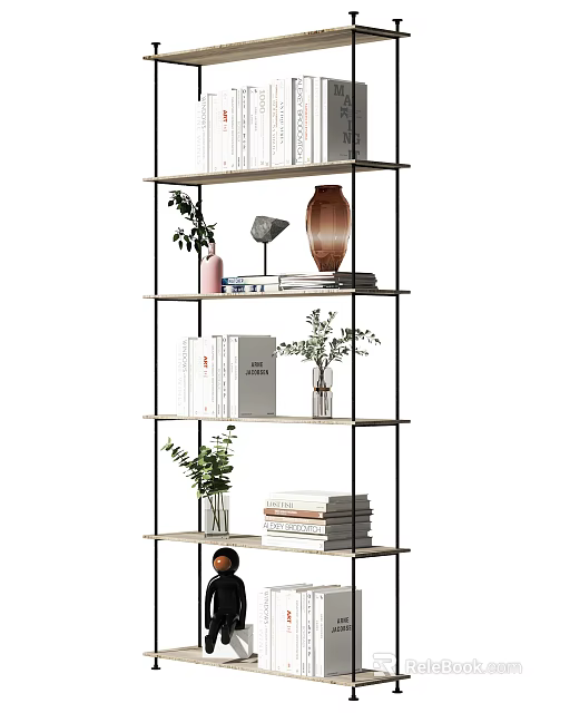 Modern Open Shelf Bookcase With Stacked Books Potted Plants And Decorative Vase 3d model 