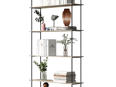 Modern Open Shelf Bookcase With Stacked Books Potted Plants And Decorative Vase 3d model