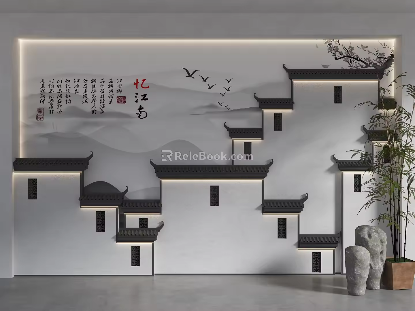 Chinese-style horsehead wall background Chinese-style tile background wall Jiangnan water village background wall Huizhou architecture background wall screen partition view wall 3d model