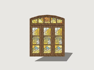 Decorative Wooden Door With Colorful Stained Glass And Arched Design 3d model
