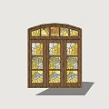 Decorative Wooden Door With Colorful Stained Glass And Arched Design