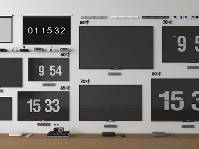 Multiple Televisions Mounted on Wall with Digital Number Displays and Devices Below 3d model