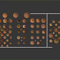 Colorful Circular Sculptures With Orange Red Brown Tones Arranged In Grid Area On Dark Background