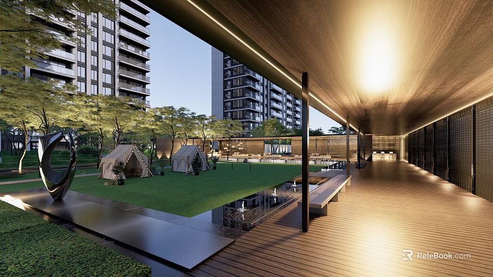Modern Residential Landscape with High Rise Buildings Green Lawn Tents Wooden Walkway and Water Feature 3d model 