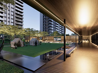 Modern Residential Landscape with High Rise Buildings Green Lawn Tents Wooden Walkway and Water Feature 3d model