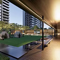Modern Residential Landscape with High Rise Buildings Green Lawn Tents Wooden Walkway and Water Feature
