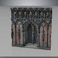Gothic Building With Reddish Brown Brick Walls Arched Doorway And Carved Stone Figures