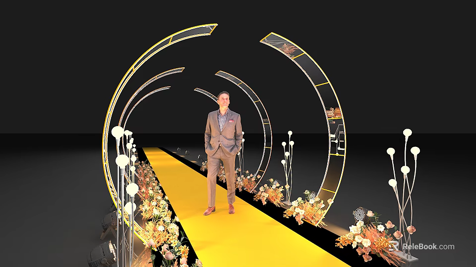 Elegant Event Entrance with Yellow Carpet Arched Decorations Lighting and Flowers 3d model 