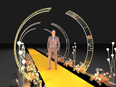 Elegant Event Entrance with Yellow Carpet Arched Decorations Lighting and Flowers 3d model