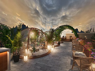 Rooftop Garden With Lush Plants Arched Structures Outdoor Seating And Stone Pathway Under Twilight Sky 3d model