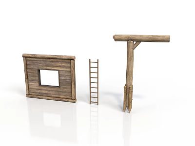Wooden Building Components Featuring Panel With Square Window Ladder And Pole 3d model