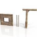 Wooden Building Components Featuring Panel With Square Window Ladder And Pole