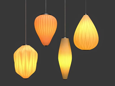 Four Orange Yellow Pendant Lights with Various Shapes Against Dark Background 3d model