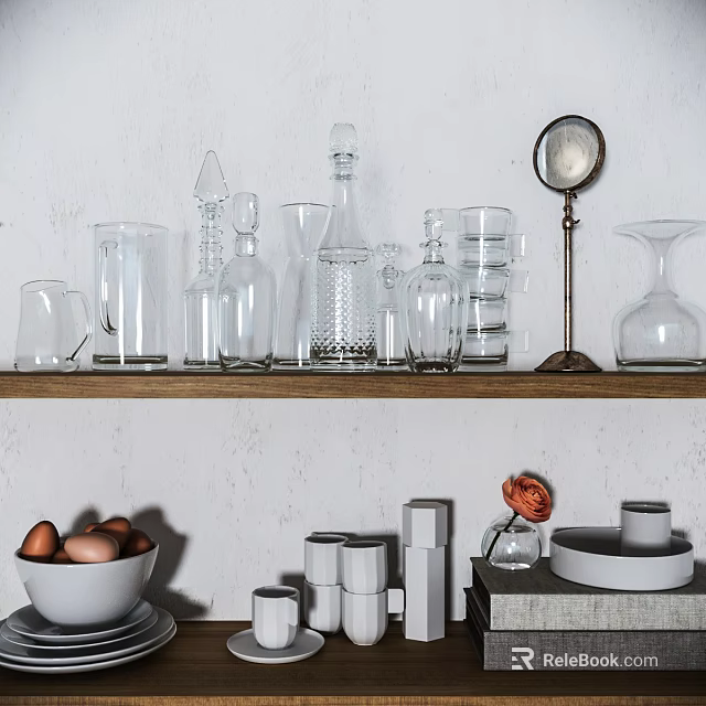 Elegant Kitchenware on Wooden Shelf with Glassware Bottles Mugs Egg Bowl and Grey Containers 3d model 