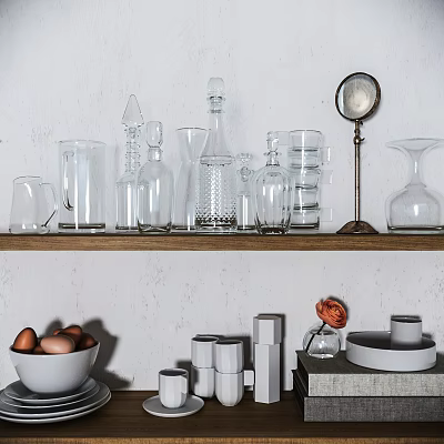 Elegant Kitchenware on Wooden Shelf with Glassware Bottles Mugs Egg Bowl and Grey Containers 3d model