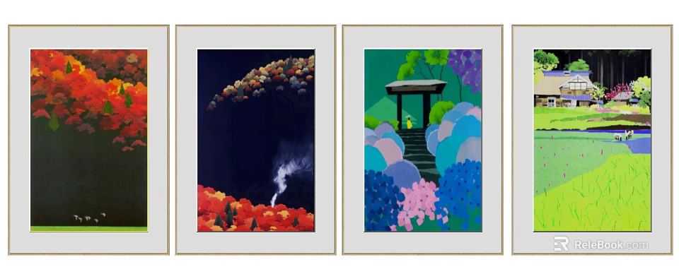 Vibrant Decorative Paintings With Colorful Flowers Garden Pavilion And Steps 3d model 