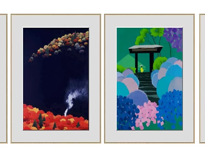 Vibrant Decorative Paintings With Colorful Flowers Garden Pavilion And Steps 3d model