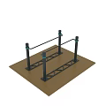 Outdoor Playground Equipment Featuring Parallel Bars Black Poles Green Connectors And Brown Platform