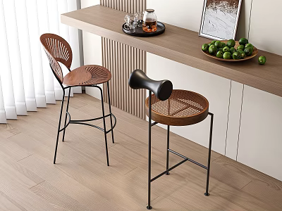 Modern Home Bar Counter With Rattan Bar Stools And Fresh Fruit On Wooden Top 3d model
