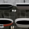 White And Red Freestanding Bathtubs With Modern Faucets On Gray Tile Bathroom Floor