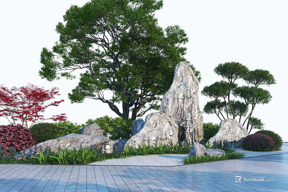Garden Ornament With Large Rocks Green Trees Shaped Pine Red Shrubs And Low Plants 3d model 