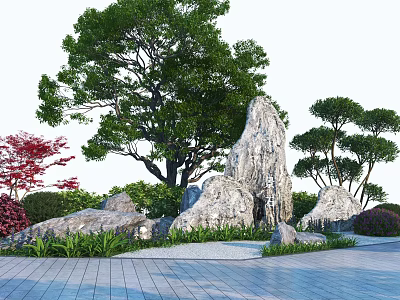 Garden Ornament With Large Rocks Green Trees Shaped Pine Red Shrubs And Low Plants 3d model