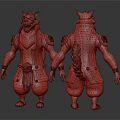 3D Fantasy Wolfman Character And Creature Design With Red Scarf Skull Decoration And Tail