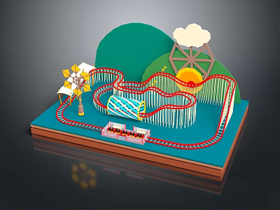 Amusement Park Rides Featuring Roller Coaster Ferris Wheel Windmill Green Hills Clouds And Sun 3d model