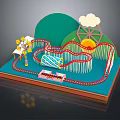 Amusement Park Rides Featuring Roller Coaster Ferris Wheel Windmill Green Hills Clouds And Sun