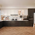 Modern Kitchen Interior With White And Dark Cabinets Marble Countertops Herringbone Wooden Floor And Appliances