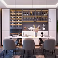 Modern Restaurant Interior With White Dining Table Gray Chairs Wine Cabinet And Decorative Plants