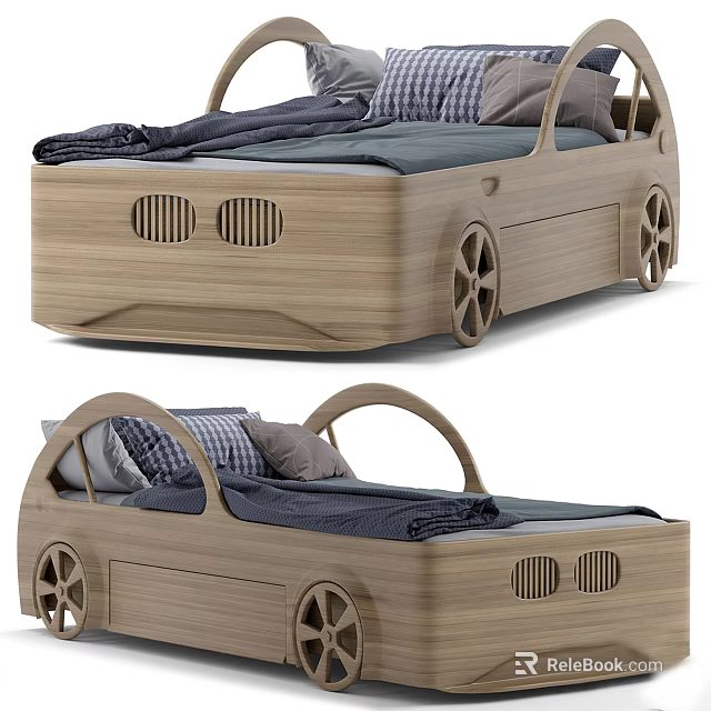 Car Shaped Wooden Double Bed Design With Soft Pillows And Blue Blankets 3d model 