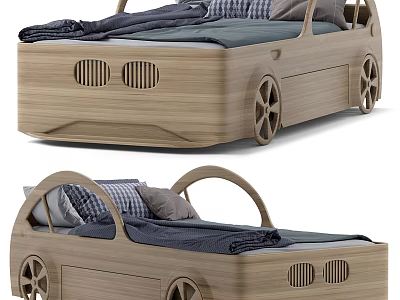 Car Shaped Wooden Double Bed Design With Soft Pillows And Blue Blankets 3d model