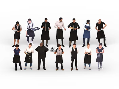 Group Of Restaurant Staff Wearing Various Aprons With Different Roles Standing Together 3d model