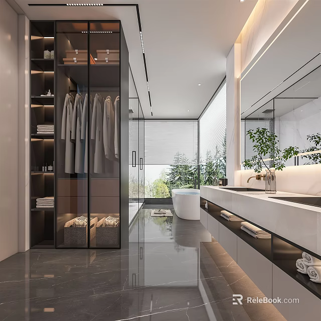 Modern Bathroom Interior Design With Glass Wardrobe Marble Vanity And Large Windows 3d model 
