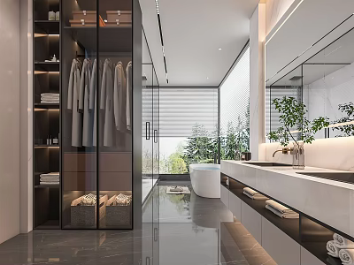 Modern Bathroom Interior Design With Glass Wardrobe Marble Vanity And Large Windows 3d model