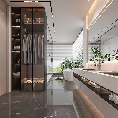 Modern Bathroom Interior Design With Glass Wardrobe Marble Vanity And Large Windows 3d model
