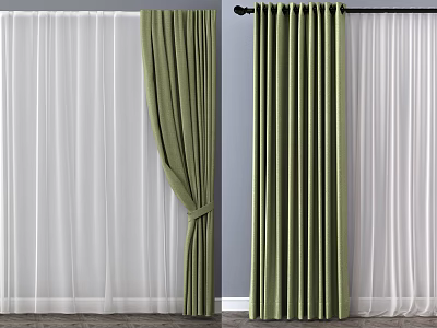 Green Velvet Curtains With White Sheer Panels Hanging In Modern Interior Design 3d model