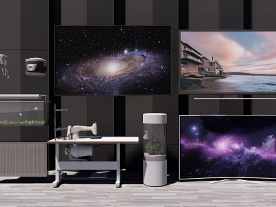 Multiple Modern Televisions Showcasing Galaxy And Landscape Scenes In Room With Table Plant And Fish Tank 3d model