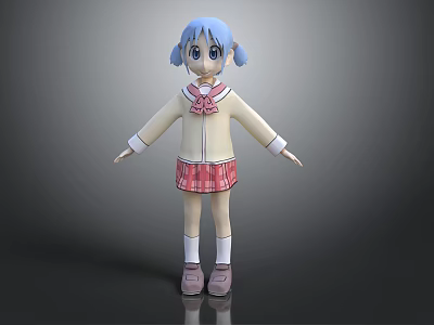 Cute Anime Character With Blue Pigtails Beige Top Red Plaid Skirt White Socks And Pink Shoes 3d model