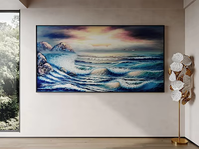 Vibrant Seascape Painting With Waves Rocks Sunset Near Decorative Floor Lamp And Window 3d model
