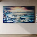 Vibrant Seascape Painting With Waves Rocks Sunset Near Decorative Floor Lamp And Window