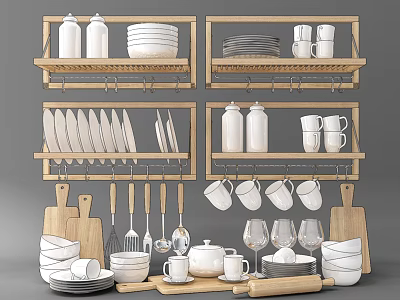 Organized Kitchen Utensils Plates Mugs Bottles and Hanging Spoons on Wooden Shelves 3d model