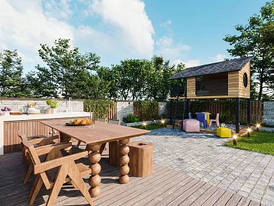 Serene Garden Landscape With Wooden Deck Dining Table And Chairs Small Cabin And String Lights 3d model