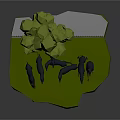 Low Poly Green Scenic Platform With Tree Black Fence And Deer Animals